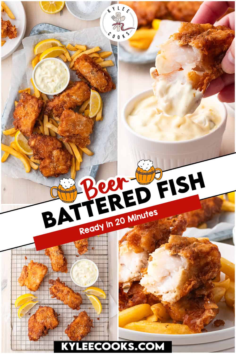 Collage of beer battered fish served with fries, lemon wedges, and dipping sauce, featuring close-ups of the crispy fish pieces. Text overlay reads "Beer Battered Fish - Ready in 20 Minutes.