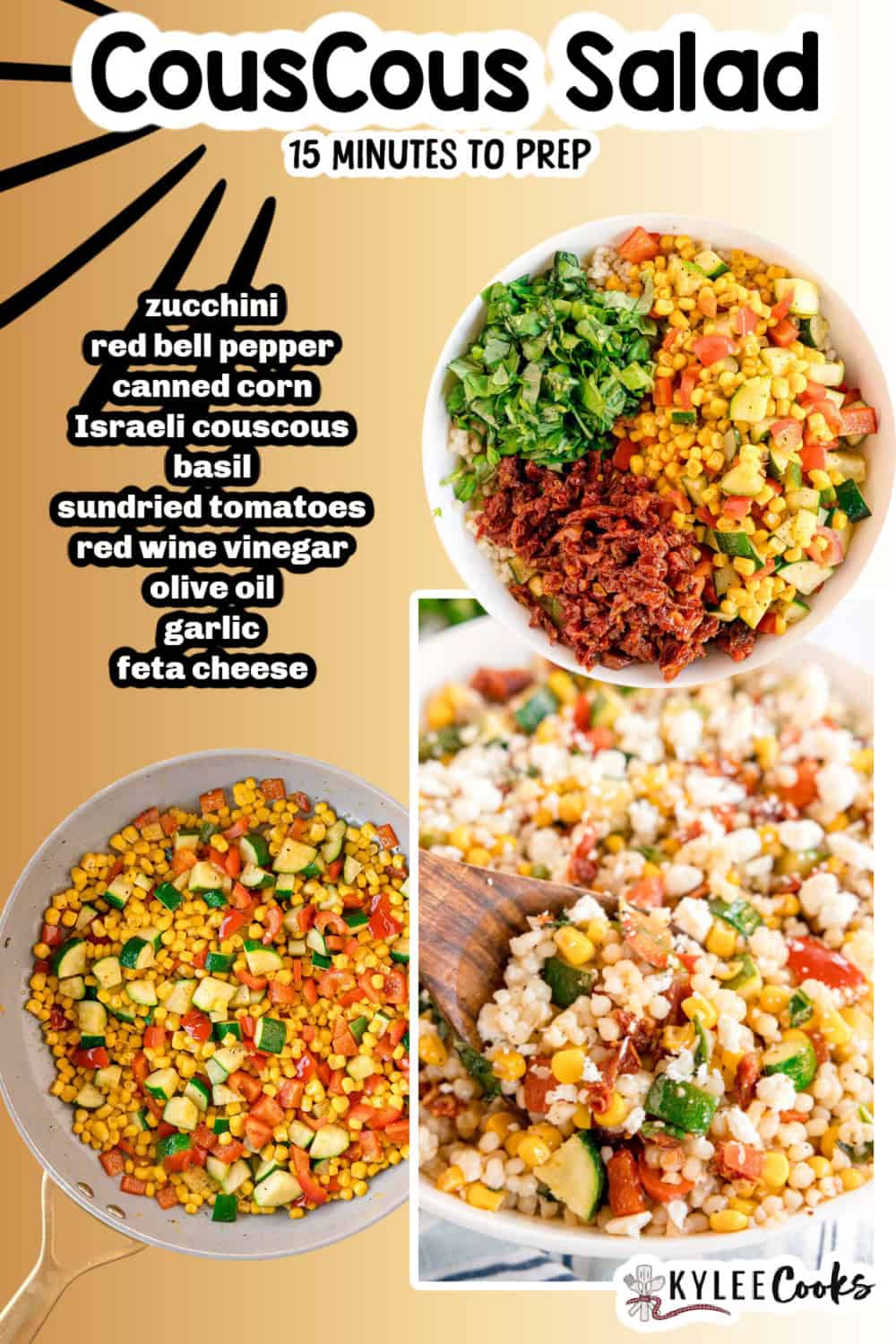 A bowl of Summer Couscous Salad with zucchini, red bell pepper, corn, sundried tomatoes, and feta cheese, featuring a list of ingredients and a close-up of the vibrant salad in a pan.