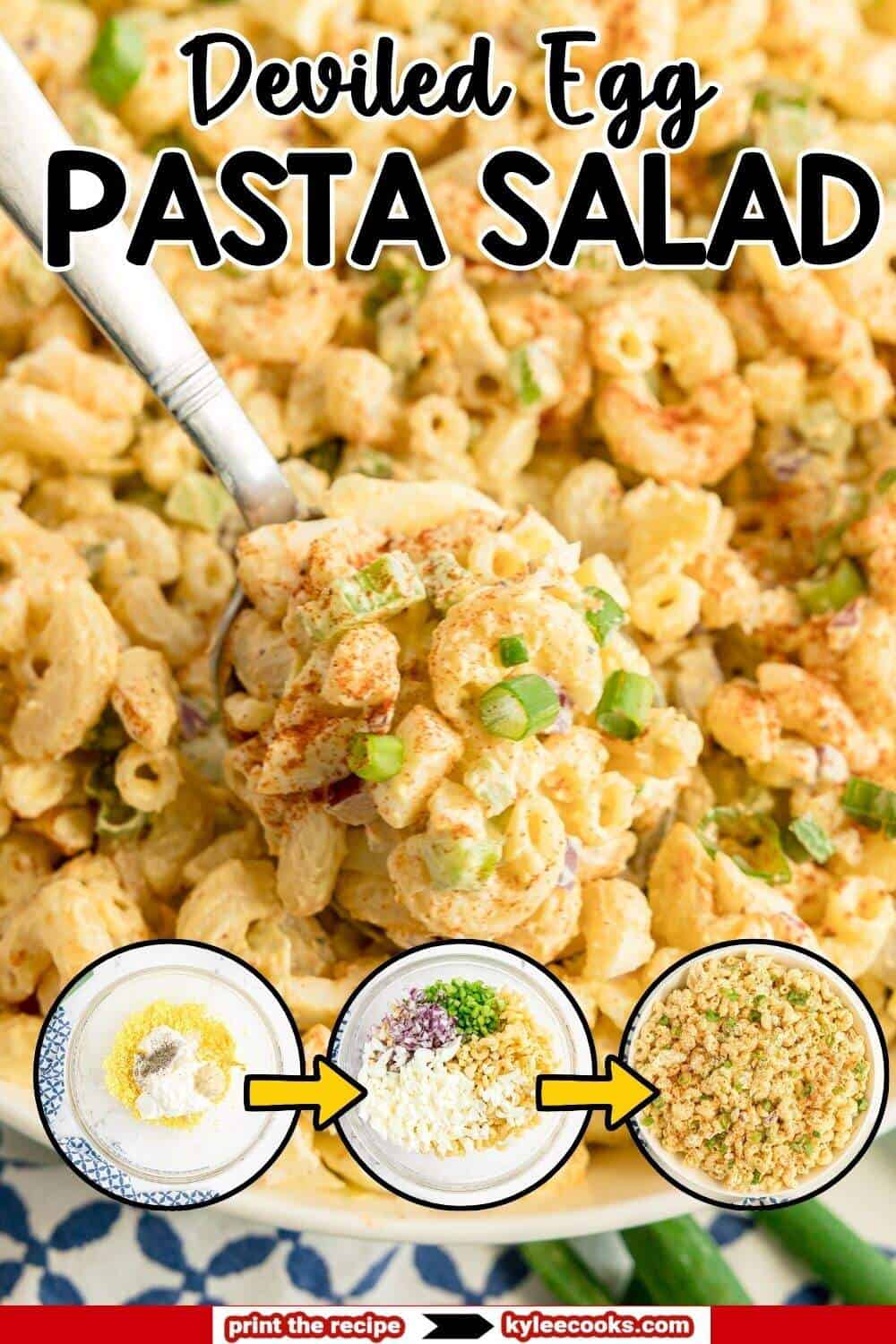 A bowl of deviled egg pasta salad with macaroni, chopped green onions, and paprika, shown with three step-by-step preparation images at the bottom.