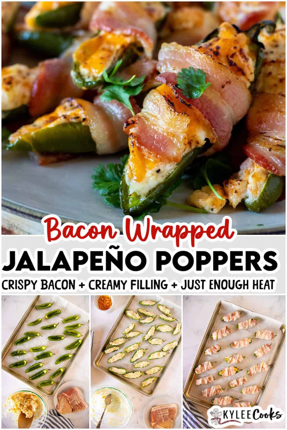 Close-up of bacon-wrapped jalapeño poppers on a plate, with preparation steps shown below from filling jalapeños to wrapping them with bacon on baking sheets.