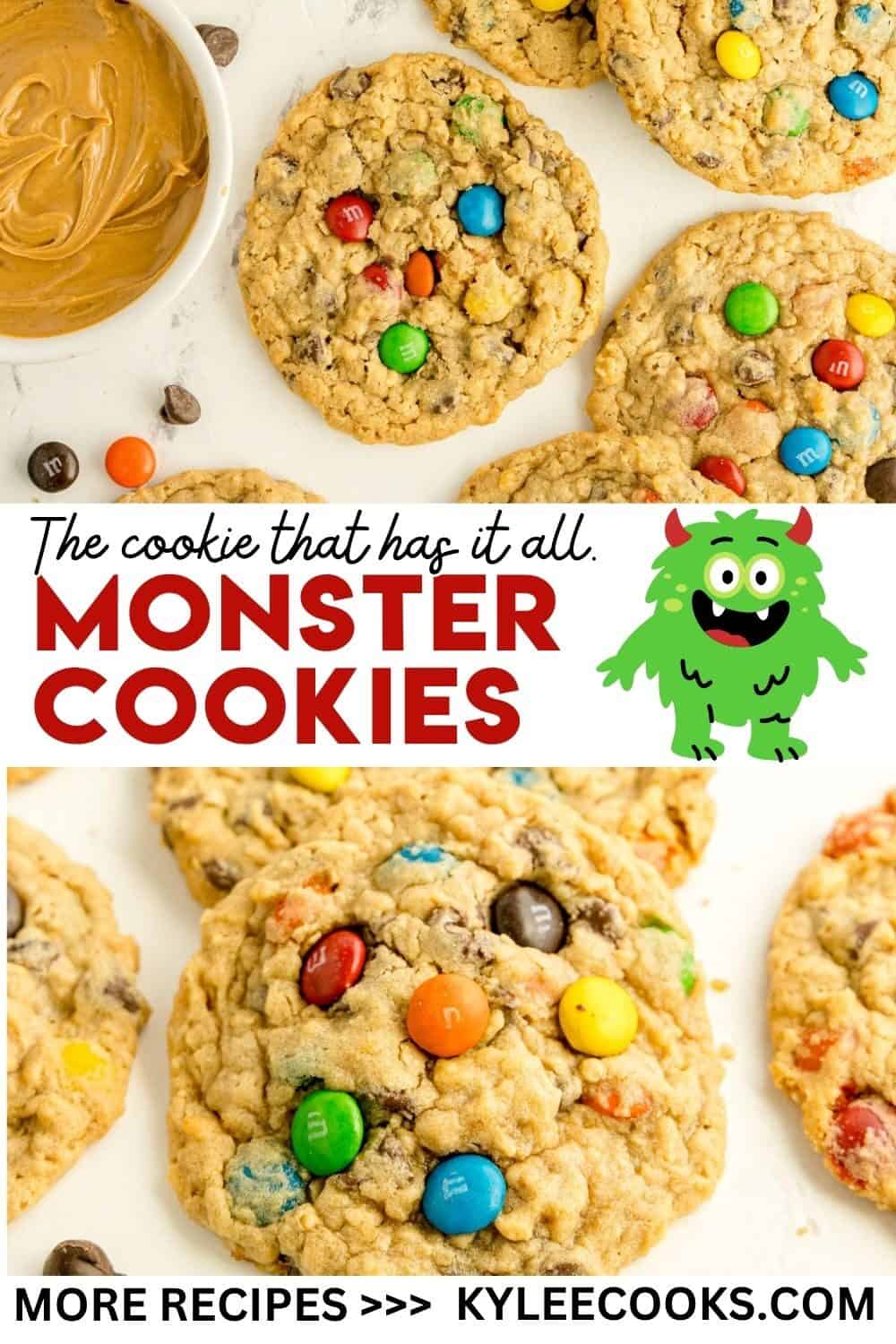 Overhead view of oatmeal cookies with chocolate chips and colorful candy pieces, labeled as "Monster Cookies," with website "kyleecooks.com" for more recipes.
