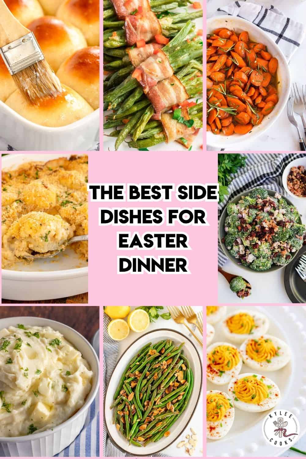 A collage of various side dishes, including mashed potatoes, green beans, deviled eggs, Summer Couscous Salad, broccoli salad, dinner rolls, carrots, and gratin, with text “The Best Side Dishes for Easter Dinner” in the center.