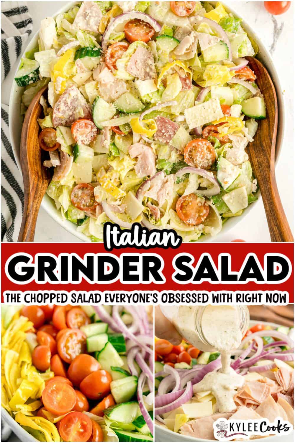 A bowl of Italian grinder salad with lettuce, tomatoes, onions, cheese, and deli meats, shown with dressing being poured and fresh salad ingredients on the side.
