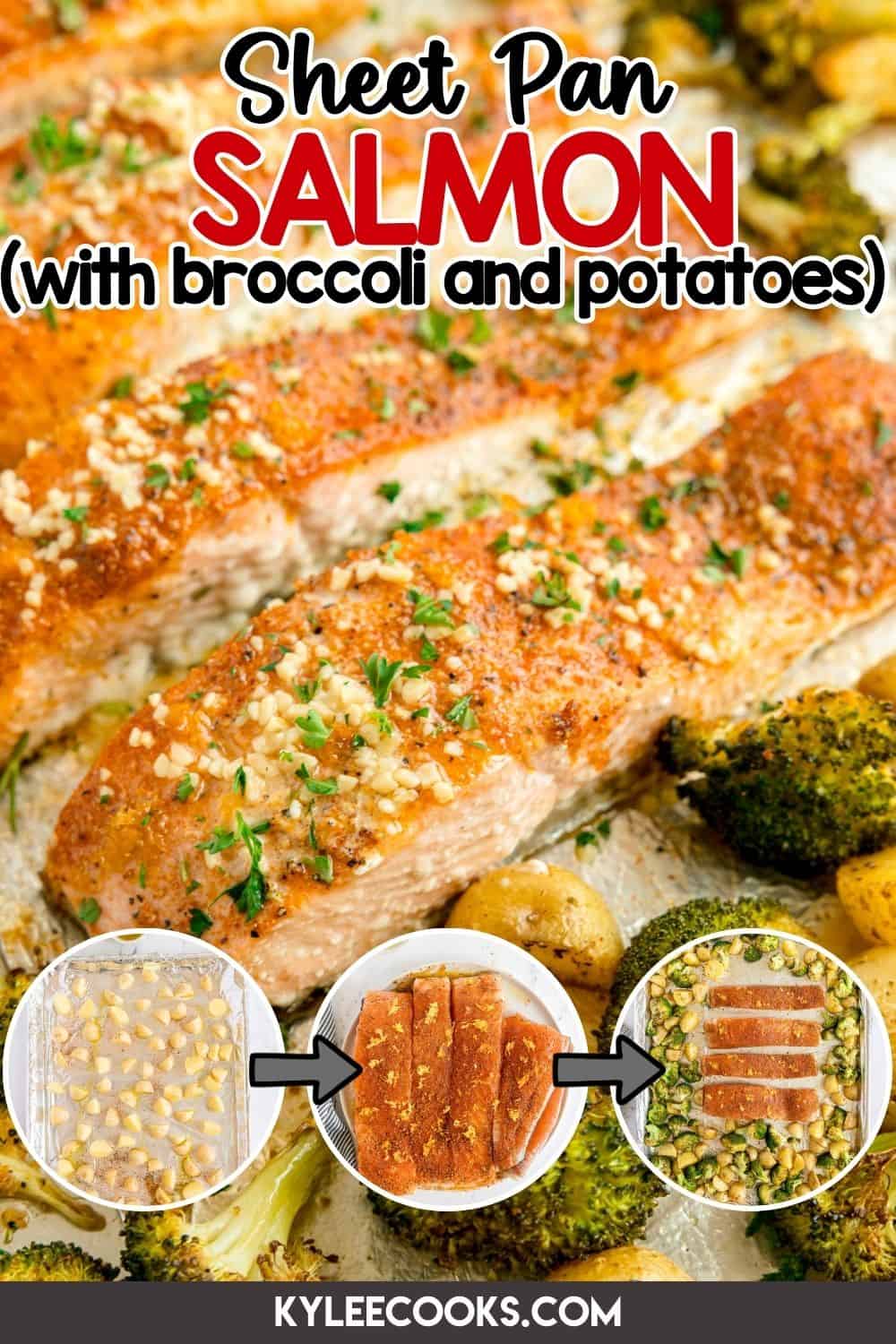 Sheet pan with baked salmon, broccoli, and potatoes; includes step-by-step images showing preparation, seasoning, and arranged ingredients before baking.