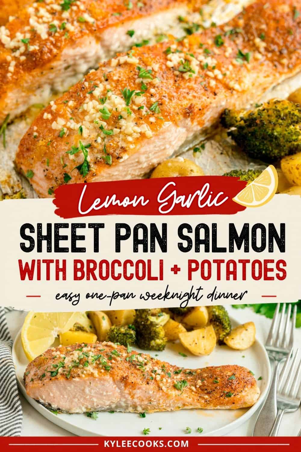 Sheet pan salmon fillets with roasted broccoli and potatoes, garnished with herbs and lemon, displayed on a baking sheet and a serving plate.