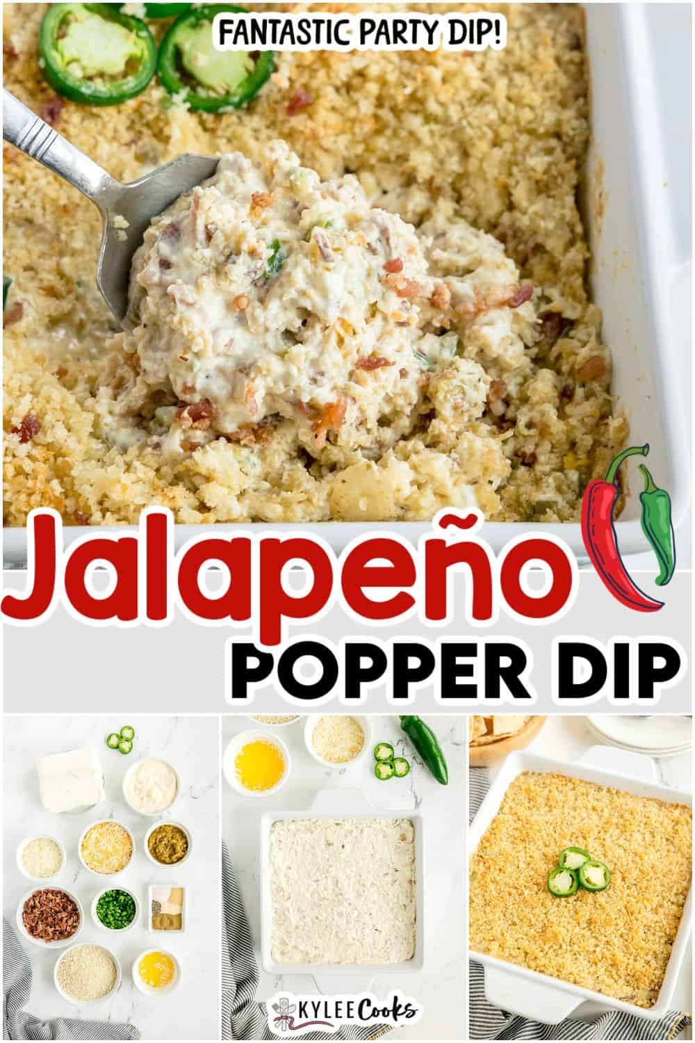 A creamy Jalapeño Popper Dip topped with breadcrumbs is served from a baking dish, making the perfect party appetizer. Ingredient and preparation steps are shown in smaller images below.