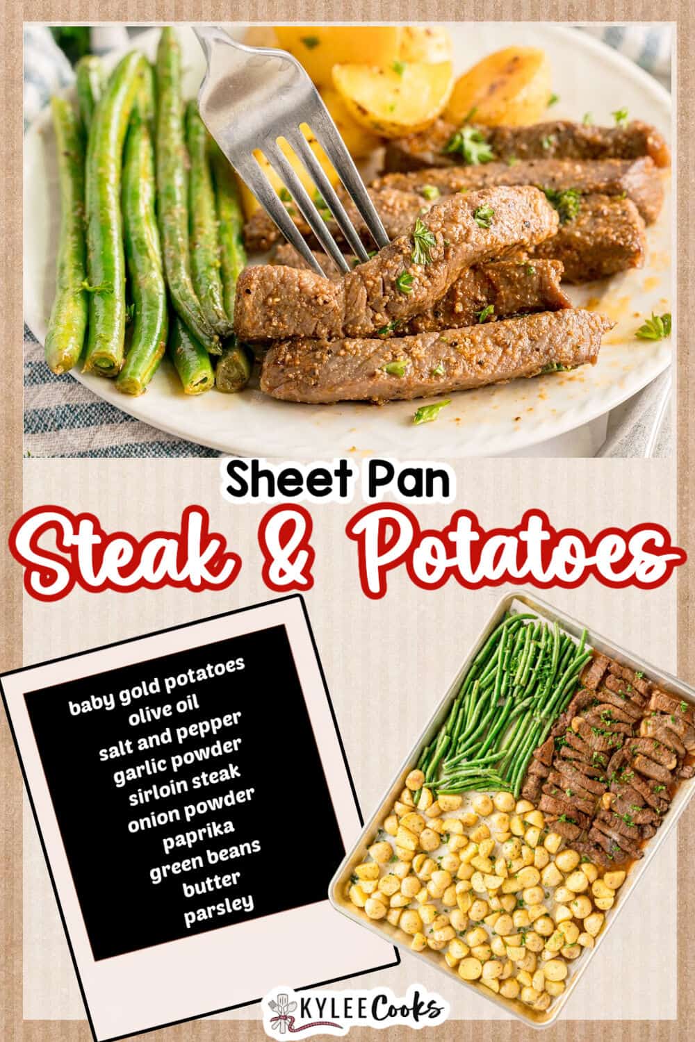 A sheet pan meal of cooked green beans, sliced sirloin steak, and roasted baby gold potatoes, with a list of ingredients and a partial plate serving shown.