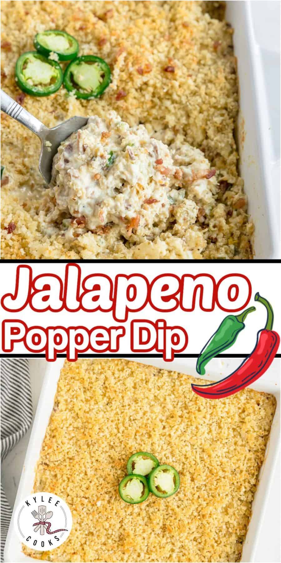 A baking dish of Jalapeño Popper Dip with a golden breadcrumb topping, garnished with sliced jalapeños; a spoon scoops out a portion of this irresistible party appetizer.