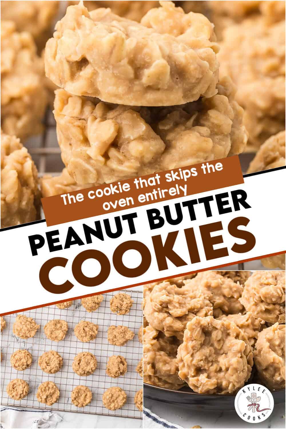 Three photos of no-bake peanut butter cookies: stacked cookies, rows of cookies on a baking sheet, and a plate of cookies, with text promoting oven-free peanut butter cookies.