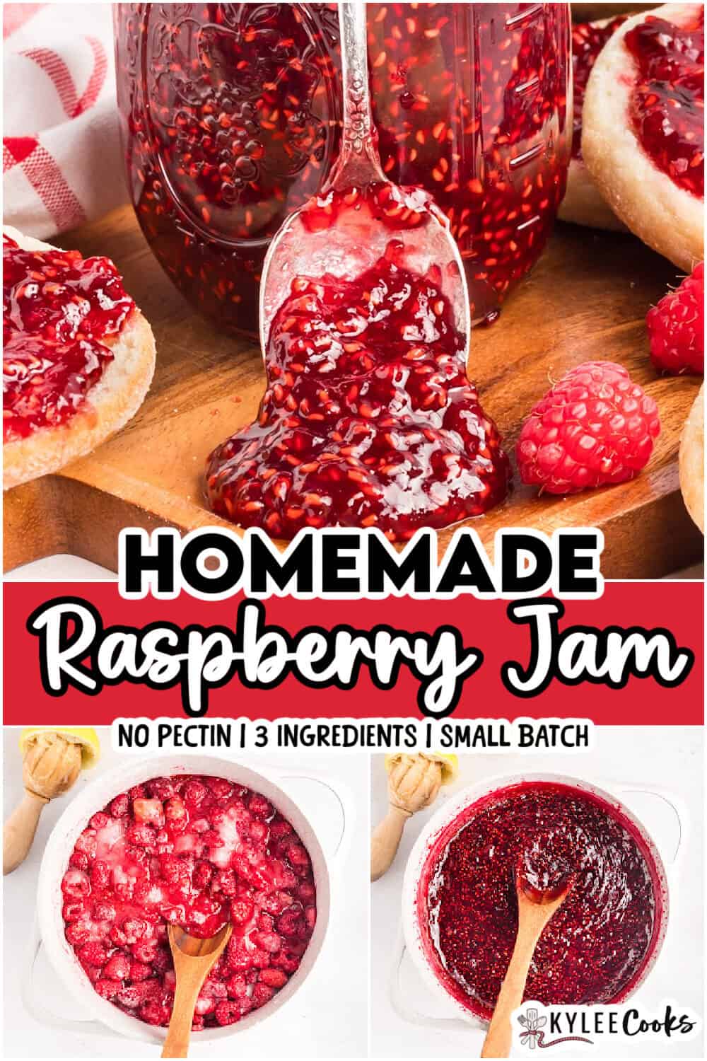 A spoonful of raspberry jam above toast, a jar of jam, and two images showing the jam-making process in a pot with a wooden spoon.