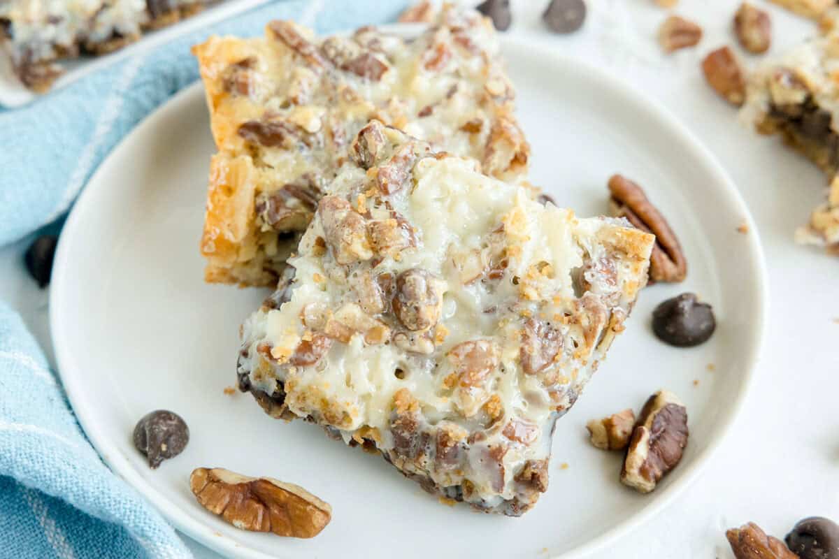 Two dessert bars topped with chopped pecans and melted chocolate sit on a white plate, surrounded by chocolate chips and pecan pieces.