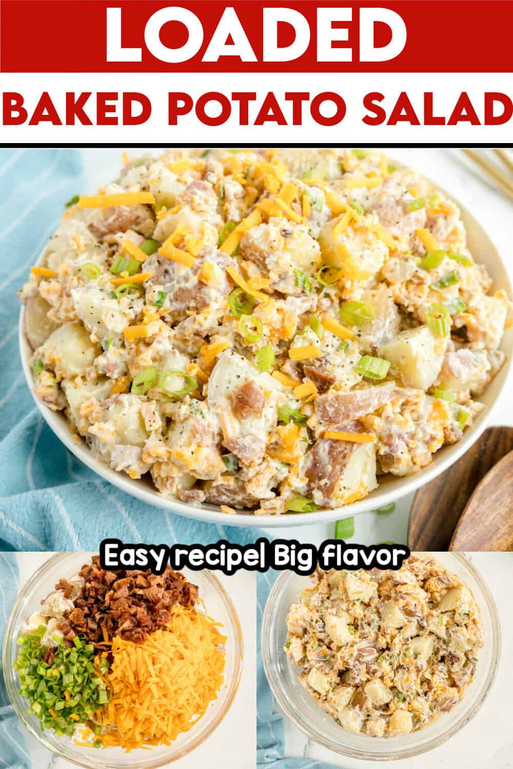 Bowl of loaded baked potato salad with bacon, cheese, and green onions, shown whole and in preparation stages with text labels describing the dish.
