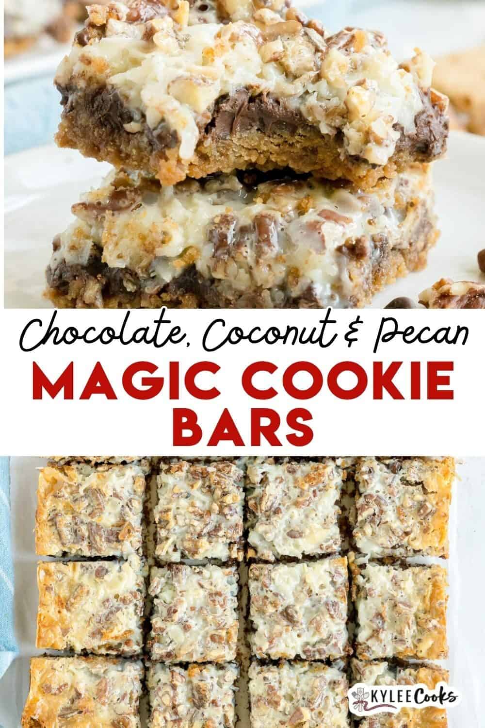 Two images of chocolate, coconut, and pecan magic cookie bars: stacked in slices on a plate above, and cut into squares in a baking pan below.