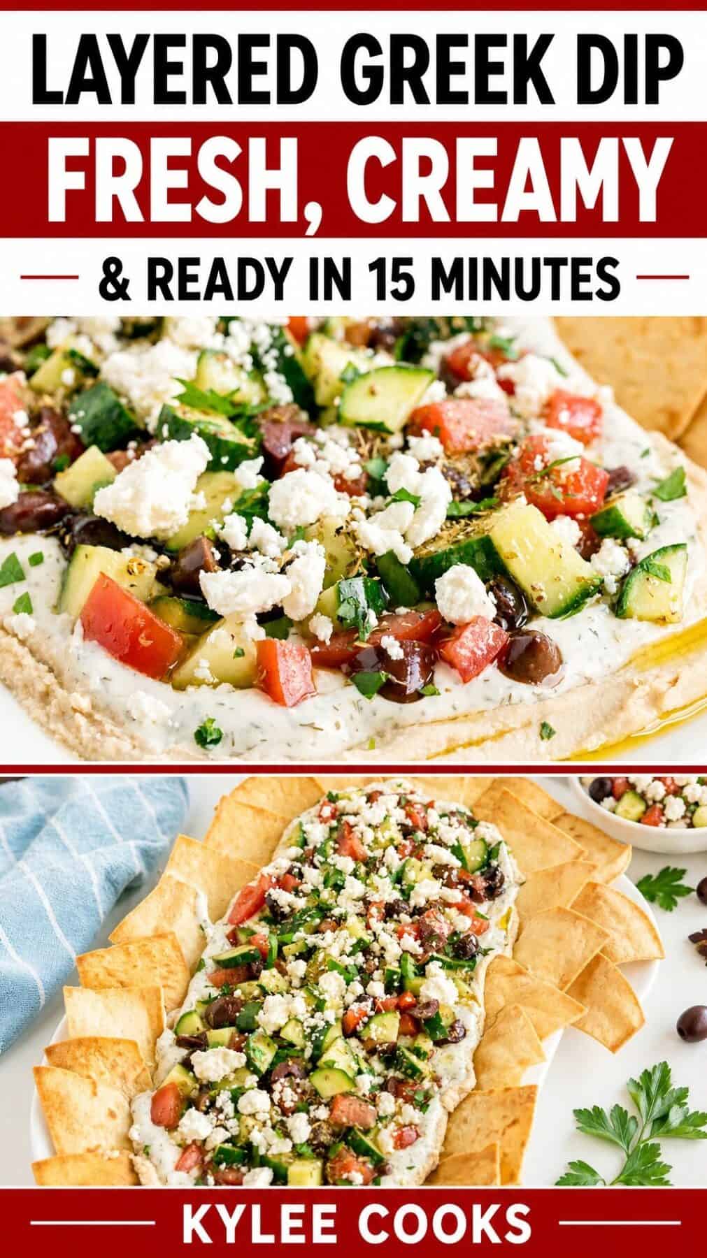 A platter of layered Greek dip topped with feta, cucumber, tomato, and herbs, served with pita chips on the side.