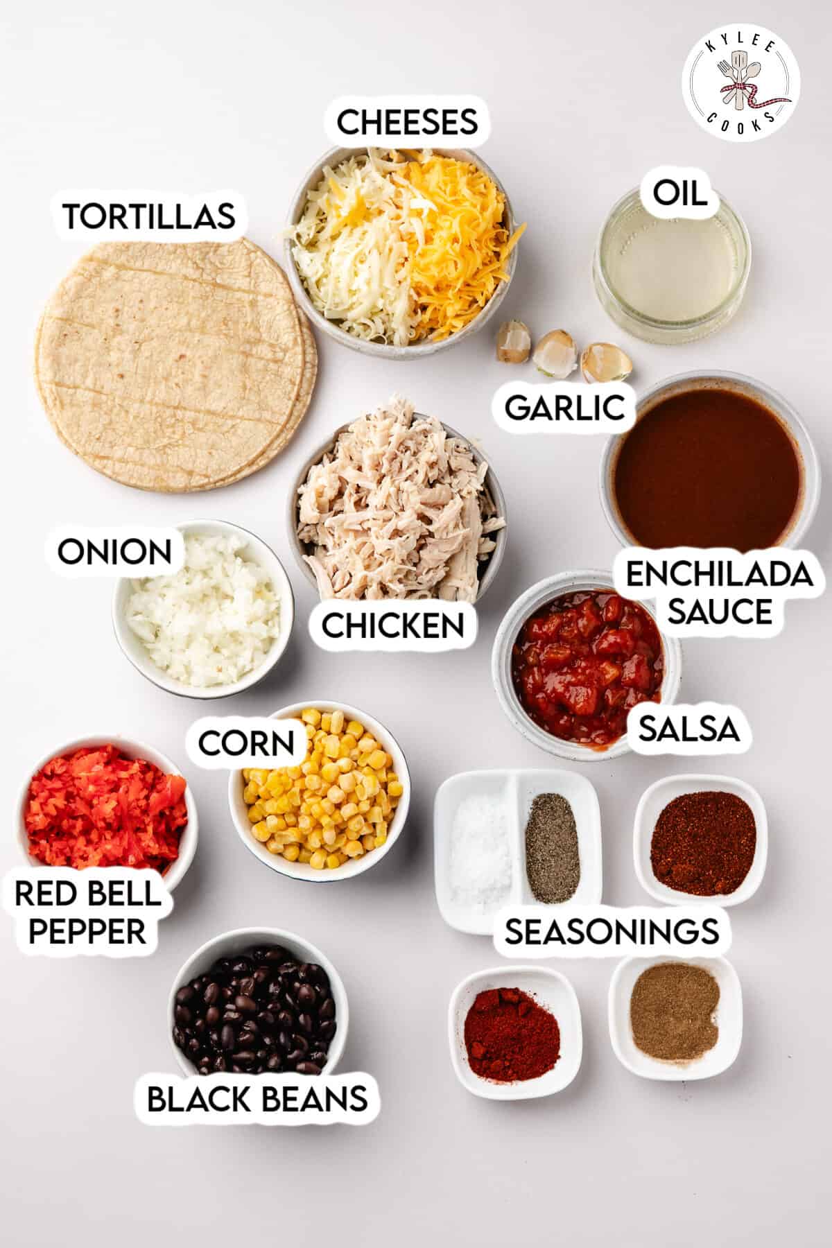 Ingredients for chicken enchilada casserole, including shredded chicken, tortillas, cheeses, black beans, corn, red bell pepper, onion, enchilada sauce, salsa, garlic, oil, and various dry seasonings.