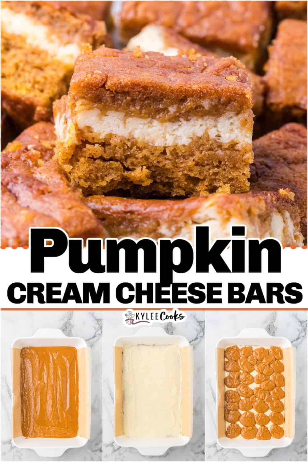 A stack of pumpkin cream cheese bars above a title card and a three-step photo showing the process of layering pumpkin batter and cream cheese in a baking dish.