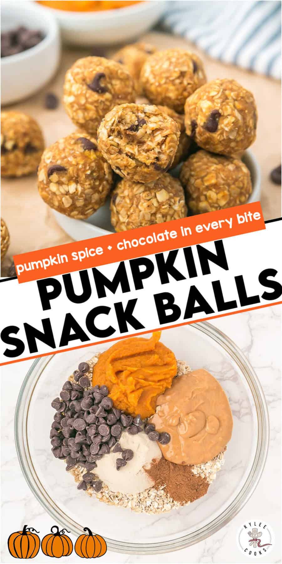 A bowl of pumpkin spice snack balls on a plate above a bowl of chocolate chips, pumpkin puree, peanut butter, oats, and spices on a white surface.