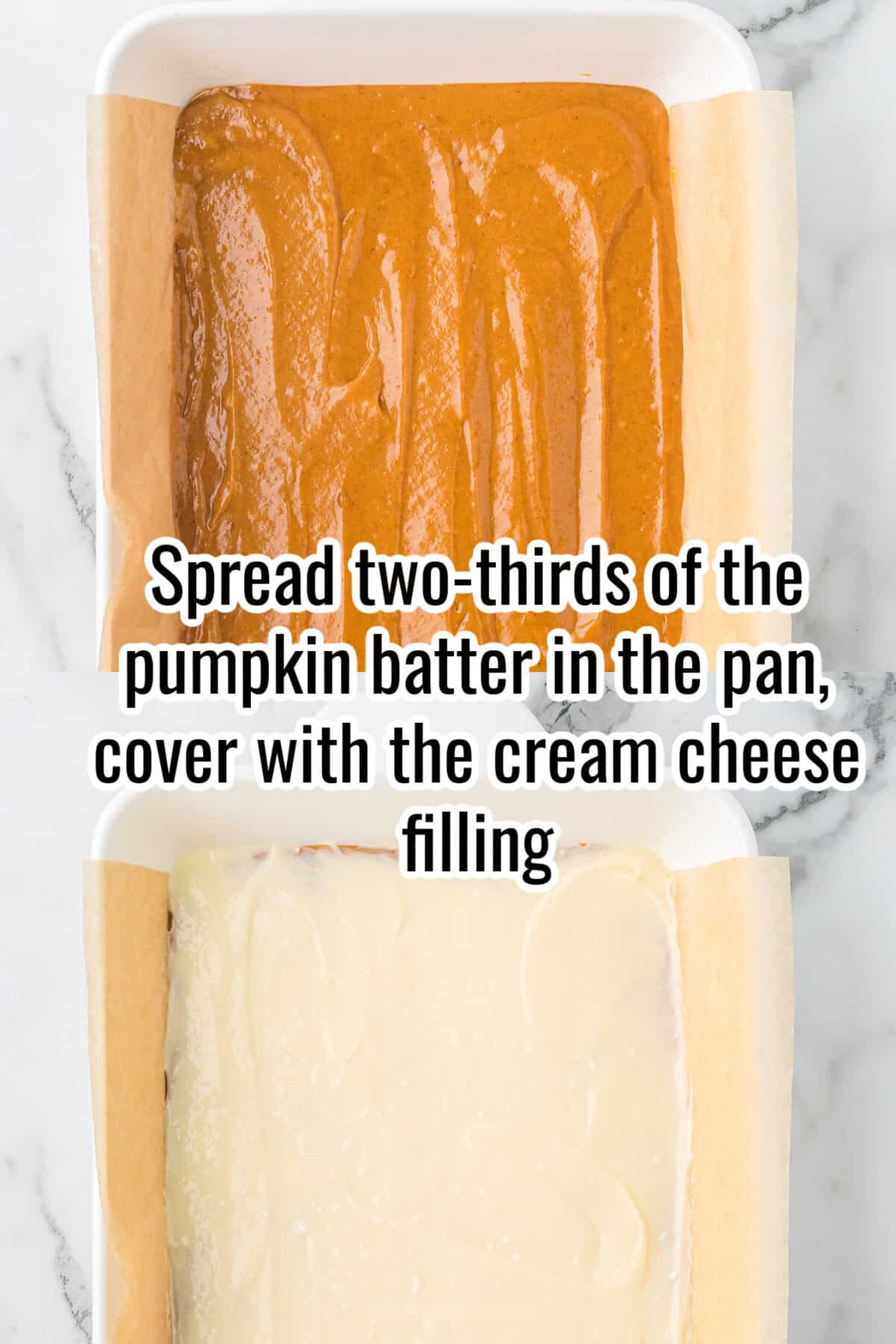 Two photos showing pumpkin batter spread into a parchment-lined baking pan, followed by a layer of cream cheese filling spread over the top.