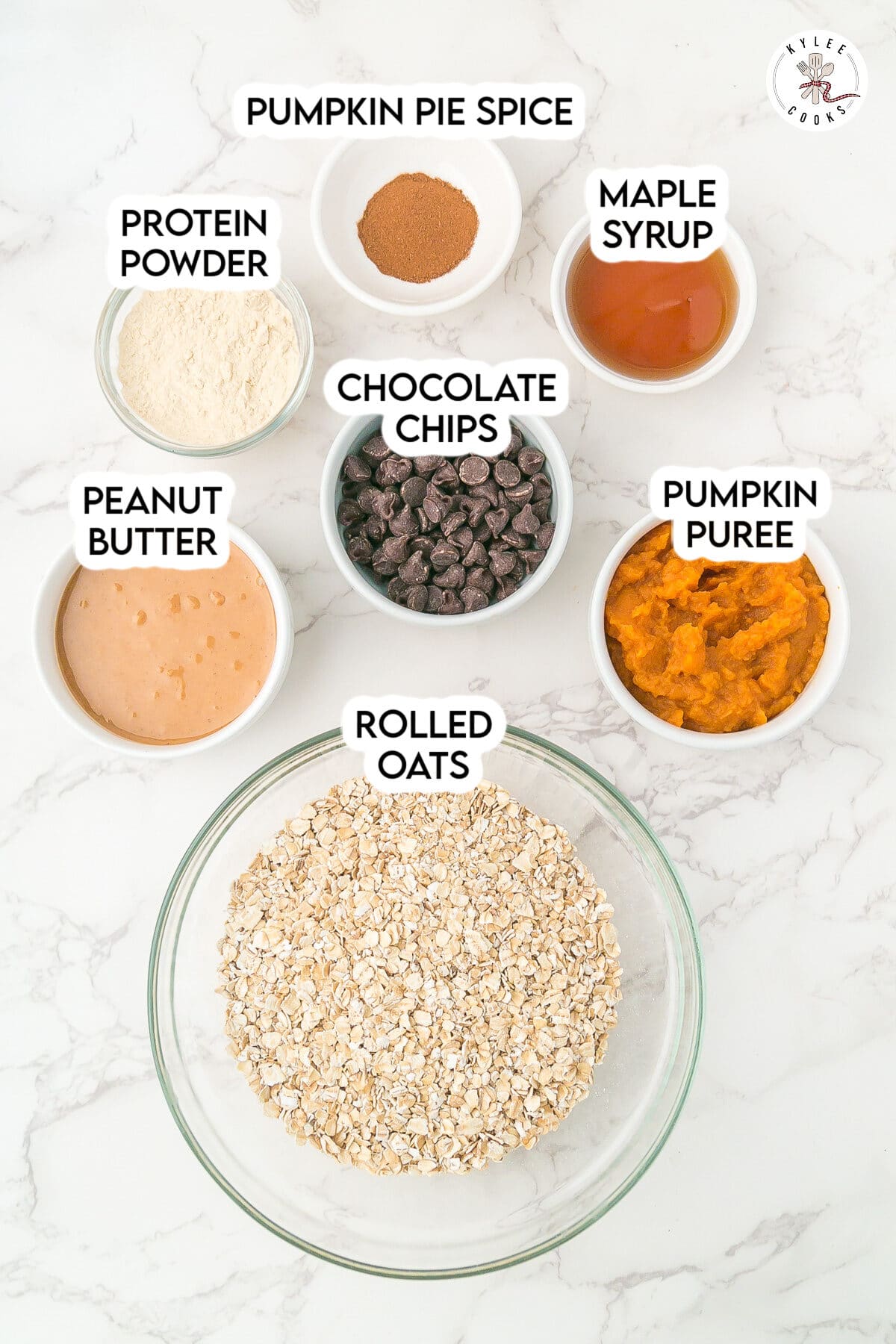 Seven small bowls containing pumpkin pie spice, maple syrup, pumpkin puree, chocolate chips, peanut butter, protein powder, and a large bowl of oats arranged on a white marble surface.