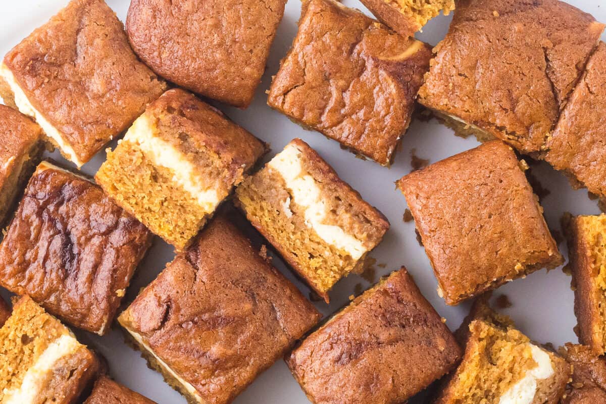 Top-down view of several square pumpkin cheesecake bars arranged on a white surface.